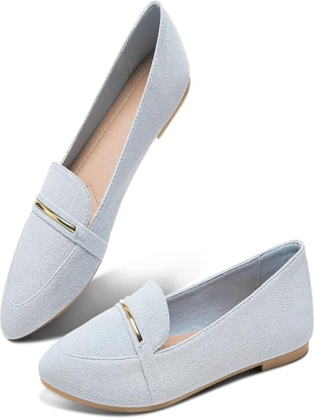 Women's Light Blue Faux Suede Comfortable Cute Penny Loafer Slip On Ballet Flats